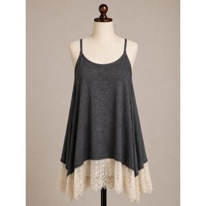Vanity Essentials Grey Lace Trim Camisole Tank Top Large Boho Coquette Romantic
